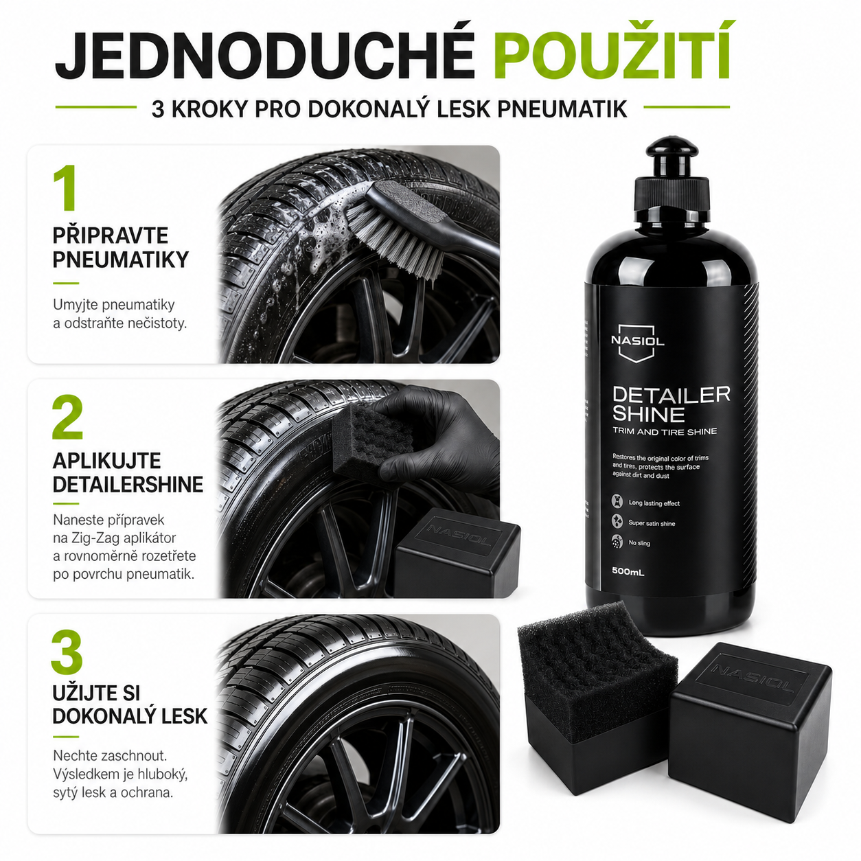 BiCar Detailing Tire Kit – NASIOL DetailerShine 500 ml + aplikátor 1 Kus-3